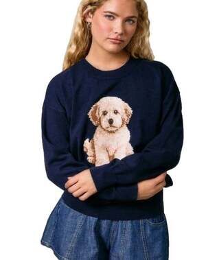 NWT Le Lis Navy Goldendoodle Dog Crew Neck Sweater Small